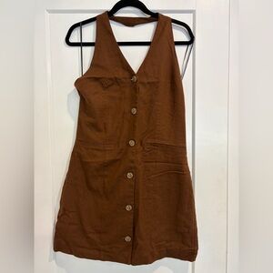 Open Edit Brown Mini Halter Dress with Button Detail